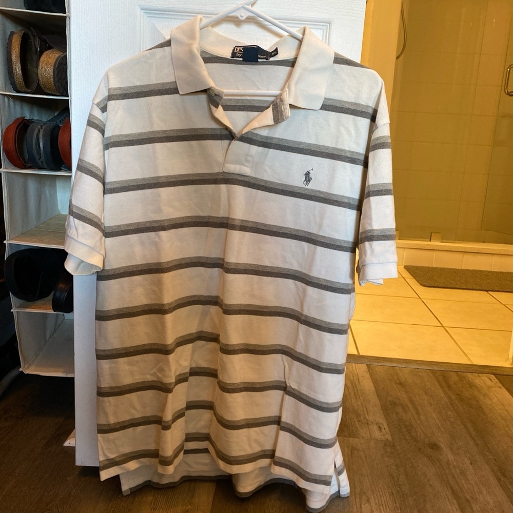 Ralph Lauren Men's White and Gray Striped Polo Shirt